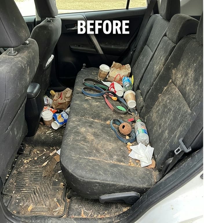 Dirty car interior before Scrub Bros detailing in Mountlake Terrace, WA